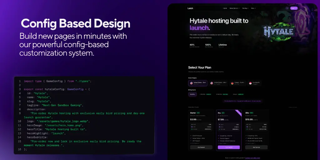 VS Code showing Latch config file with branding, pricing, and game page configuration options