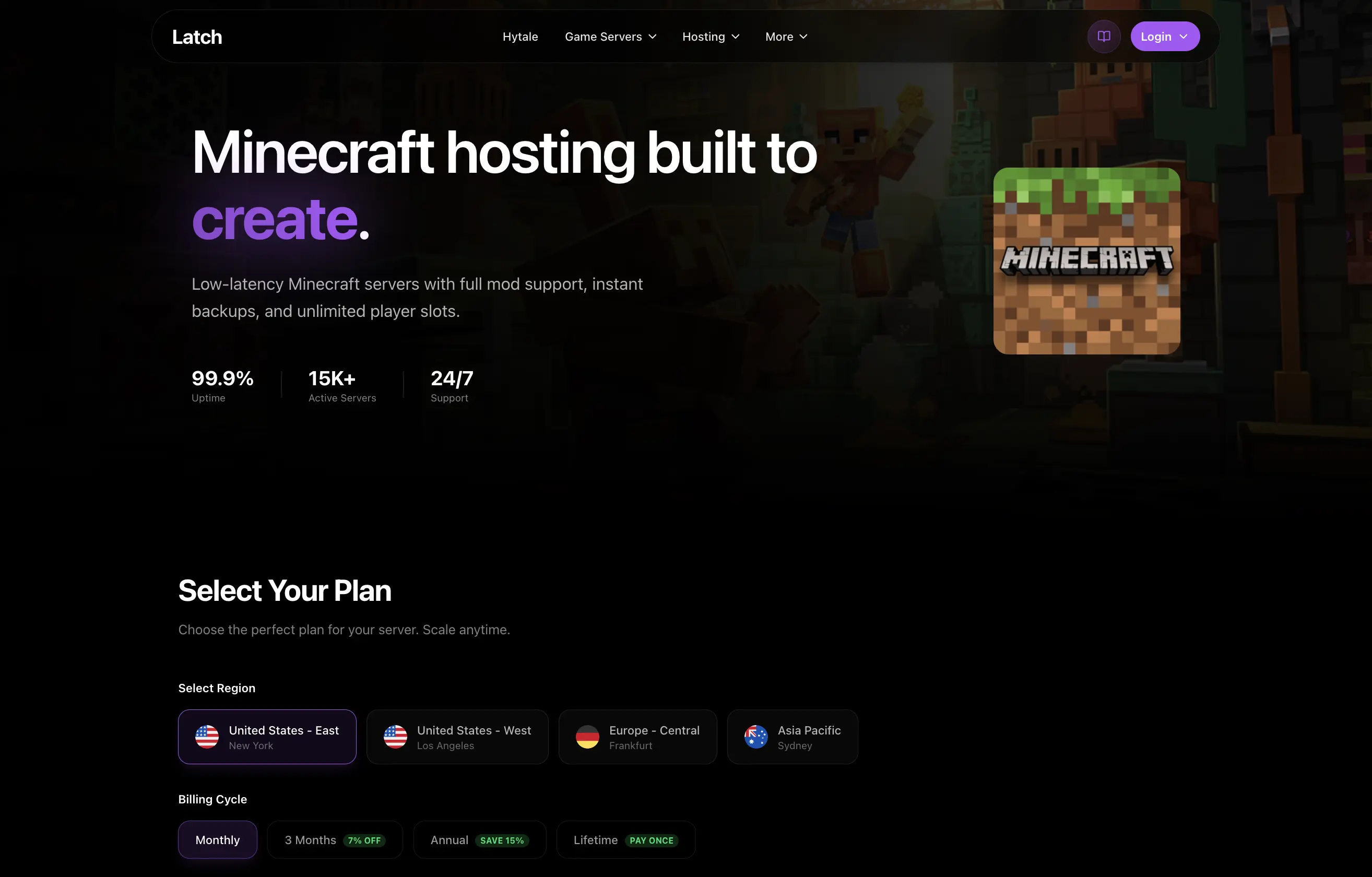 Latch individual game pages for Minecraft and FiveM showing game-specific specs, pricing, and feature sections