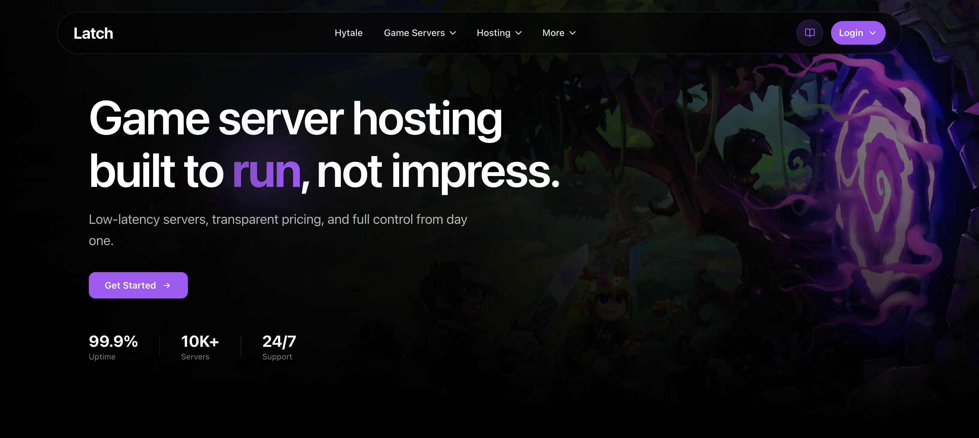 Latch full homepage preview showing dark modern game hosting design with hero, features, and pricing sections