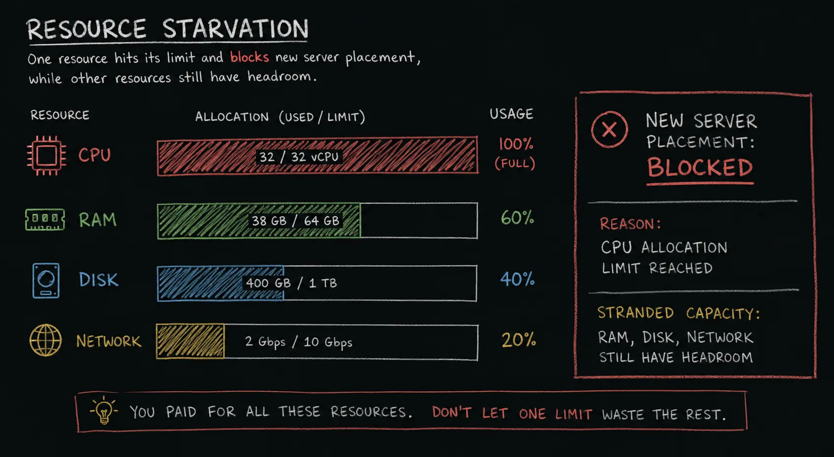 Game server resource starvation diagram showing CPU and RAM allocation headroom on hosting nodes